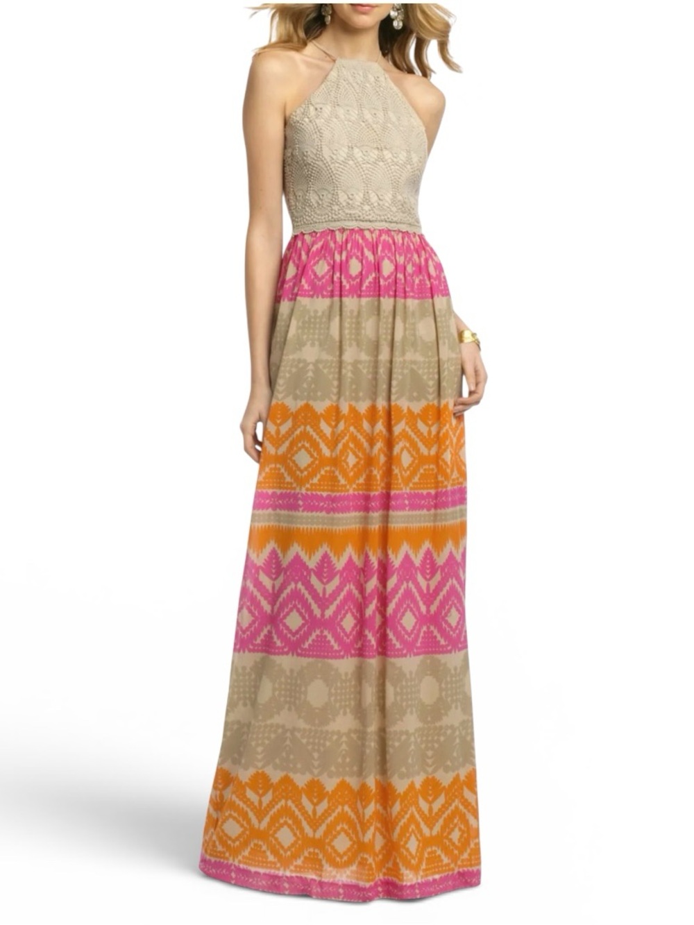Trina Turk Anargosa Desert Maxi Dress Silk Chiffon Colorful Ikat Crochet XS $458